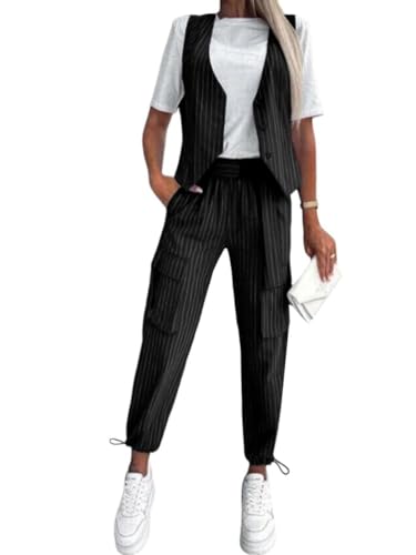 shownicer Damen Hosenanzug Elegant Business Anzug Blazer Hose 2-teilig Set Zweiteiler Slimfit Hosen + Weste Mode 2 Teiler Festlich Sportlich Streetwear Formal Festlicher Suit D Schwarz XL von shownicer