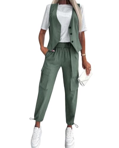 shownicer Damen Hosenanzug Elegant Business Anzug Blazer Hose 2-teilig Set Zweiteiler Slimfit Hosen + Weste Mode 2 Teiler Festlich Streetwear Formal Festlicher Suit D Grün L von shownicer