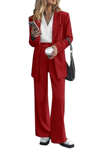 shownicer Damen Hosenanzug Elegant Business Anzug Set Hosenanzug Blazer Hose 2-teilig Anzug Revers Büro Zweiteiler Slimfit Streetwear Festlich Damenanzug A Rot L von shownicer