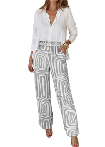 shownicer Damen Hosenanzug Elegant Zweiteiler Set Revers Bluse Und Hohe Taille Hosenanzüge 2-teilig Casual Business Anzug Drucken Freizeitanzug Büro Outfit Streetwear A Grau XL von shownicer