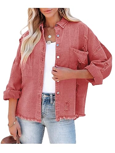 shownicer Damen Jacke Jeans Mantel für Herbst und Frühling Knopf Umlegekragen Denim Jaket Knopf Umlegekragen Denim Jaket A Rot XL von shownicer