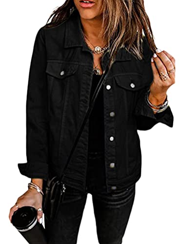 shownicer Damen Jacke Jeans Mantel für Herbst und Frühling Knopf Umlegekragen Denim Jaket Knopf Umlegekragen Denim Jaket Schwarz XL von shownicer