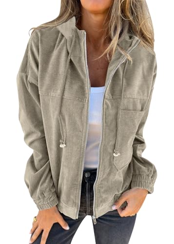 shownicer Damen Jacken Langarm Kordsamt Mantel Kapuzenjacke Cardigan Zip Hoodie Damenmantel Warm Windjacke Wintermantel Herbst Winter Übergangsmantel A Khaki XXL von shownicer