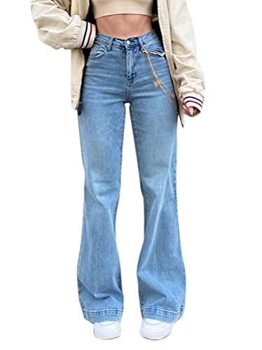 shownicer Damen Jeans Hose mit Hoher Taille E-Girl Y2K Style Harajuku Streetwear Hose Casual Baggy Vintage Flare Denim Hose Freizeit Loose Gerade Hosen A Blau M von shownicer