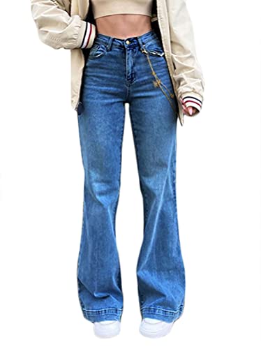 shownicer Damen Jeans Hose mit Hoher Taille Y2K Style Harajuku E-Girl Streetwear Hose Casual Baggy Vintage Flare Denim Hose Freizeit Loose Gerade Hosen A Dunkelblau 3XL von shownicer