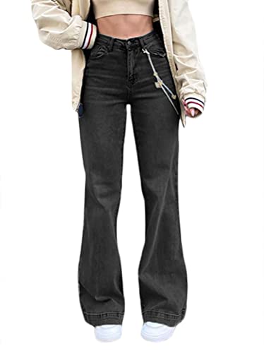 shownicer Damen Jeans Hose mit Hoher Taille Y2K Style Harajuku E-Girl Streetwear Hose Casual Baggy Vintage Flare Denim Hose Freizeit Loose Gerade Hosen A Schwarz M von shownicer