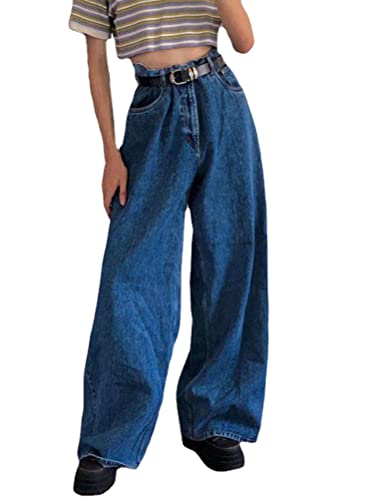 shownicer Damen Jeans Hose mit Hoher Taille Y2K Style Harajuku E-Girl Streetwear Hose Casual Baggy Vintage Flare Denim Hose Freizeit Loose Gerade Hosen C Blau 3XL von shownicer