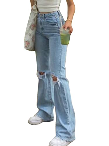 shownicer Damen Jeans Hose mit Hoher Taille Y2K Style Harajuku E-Girl Streetwear Hose Casual Baggy Vintage Flare Denim Hose Freizeit Loose Gerade Hosen E Blau L von shownicer