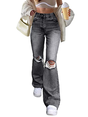 shownicer Damen Jeans Hose mit hoher Taille Y2K Harajuku E-Girl Streetwear Hose Casual Pants Slim Vintage Flare Denim Hose O Grau XS von shownicer