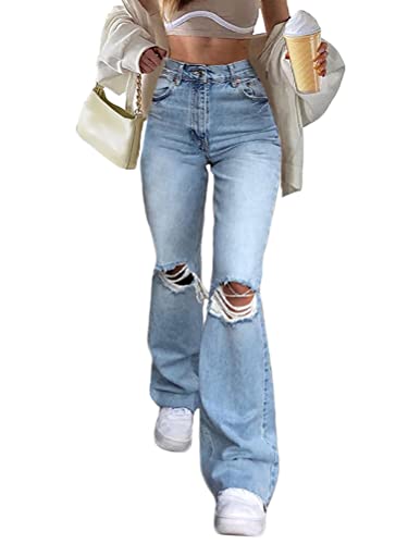 shownicer Damen Jeans Hose mit hoher Taille Y2K Style Harajuku E-Girl Streetwear Hose Casual Pants Slim Vintage Flare Denim Hose Jeans O Blau XL von shownicer