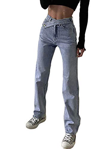 shownicer Damen Jeans Patchwork High Waist Stretch Locker Lang Boyfriend Jeans Straight Leg Denim Jeans Hose Vintage Pants Jeanshose N Blau XS von shownicer