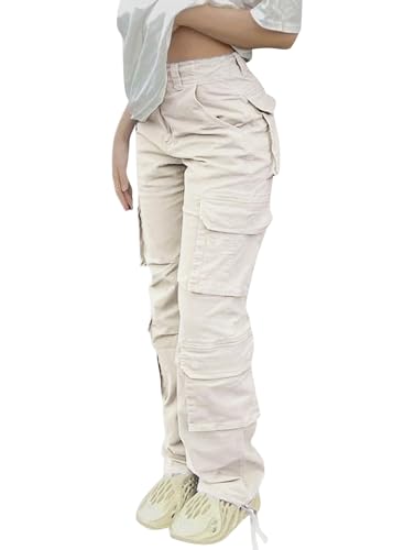 shownicer Damen Jeans Straight Baggy Cargohose Breites Bein Boyfriend Hose Locker Freizeithose Jeanshose Streetwear Cargo Denim Pants Casual Loose Fit Trousers A Beige M von shownicer