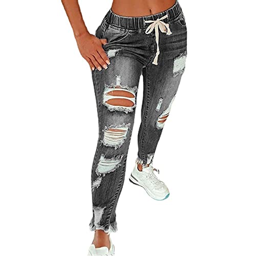 shownicer Damen Jeanshose Jeans Skinny Zerrissen Niedrige Taille Mit Löchern Stretch Sport Outdoor Röhrenjeans Z Grau 3XL von shownicer