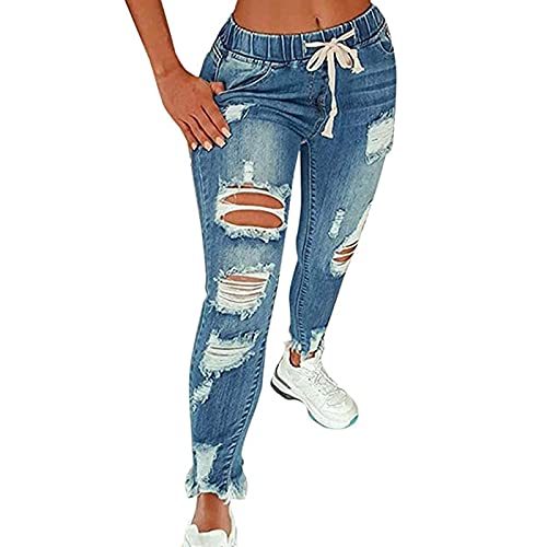 shownicer Damen Jeanshose Jeans Skinny Zerrissen Niedrige Taille Mit Löchern Stretch Sport Outdoor Röhrenjeans Z Hellblau XL von shownicer