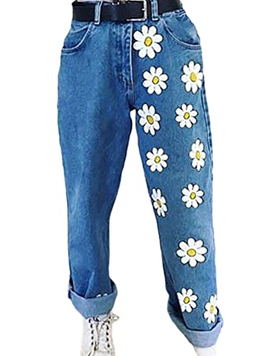 shownicer Damen Jeanshose Mode Blumendruck Slim Fit Jeans Elegant High Waist Straight Denim Hosen Casual Baggy Jeans A Hellblau XL von shownicer