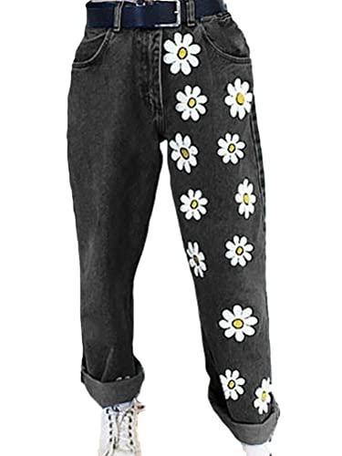 shownicer Damen Jeanshose Mode Blumendruck Slim Fit Jeans Elegant High Waist Straight Denim Hosen Casual Baggy Jeans A Schwarz 3XL von shownicer