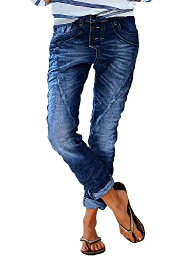 shownicer Damen Jeanshosen Vintage Hohe Taille Straight Jeans Y2K Mode Denim Hose Baggy Jeans Weites Bein Gerade Denim Hose Lose E-Girl Streetwear Hosen A Dunkelblau S von shownicer