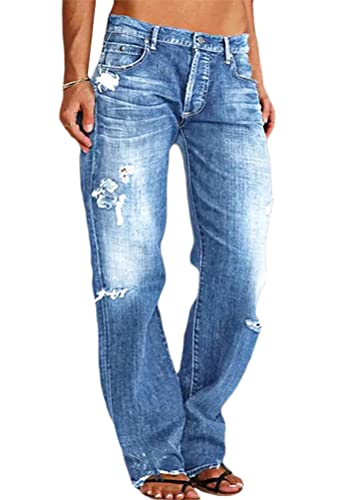 shownicer Damen Jeanshosen Vintage Hohe Taille Straight Jeans Y2K Mode Denim Hose Baggy Jeans Weites Bein Gerade Denim Hose Lose E-Girl Streetwear Hosen B Hellblau L von shownicer