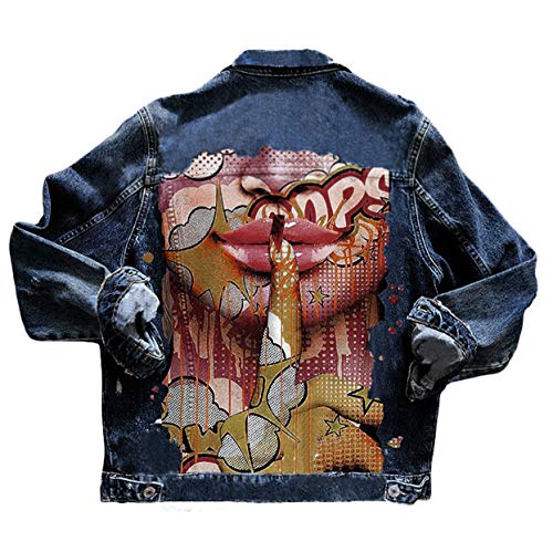 shownicer Damen Jeansjacke Blau Taschen Einreiher Zerrissene Graffiti Langarm Oversize Boyfriend Mode Denim Jacket Mädchen Oberbekleidung A Blau XXL von shownicer