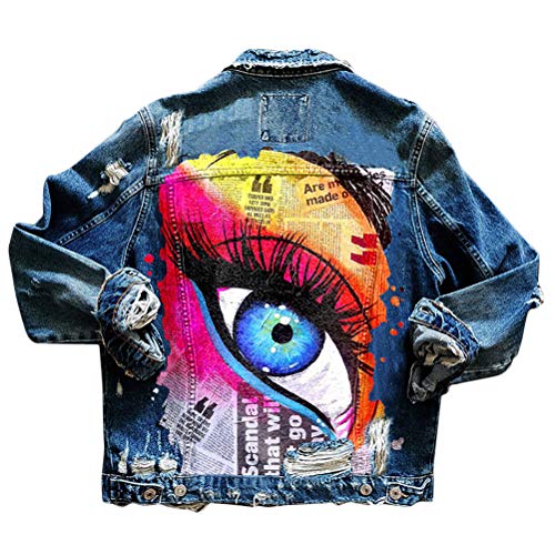 shownicer Damen Jeansjacke Blau Taschen Einreiher Zerrissene Graffiti Langarm Oversize Boyfriend Mode Denim Jacket Mädchen Oberbekleidung D Blau XXL von shownicer