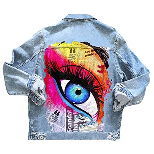 shownicer Damen Jeansjacke Blau Taschen Einreiher Zerrissene Graffiti Langarm Oversize Boyfriend Mode Denim Jacket Mädchen Oberbekleidung D Hellblau XL von shownicer