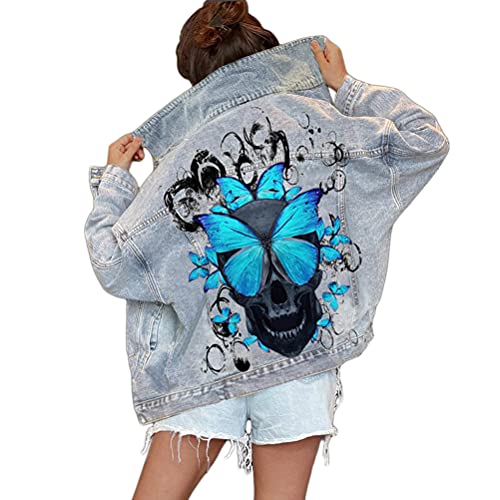 shownicer Damen Jeansjacke Blau Taschen Einreiher Zerrissene Graffiti Langarm Oversize Boyfriend Mode Denim Jacket Mädchen Oberbekleidung Stil 01 XXL von shownicer