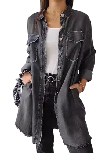shownicer Damen Jeansjacke Oversize Lang Denim Frezeitjacke Jeans Jacke Umlegekragen Denim Jacken Übergangsjacke Leichte Jacke mit Tasche Herbst Mantel Outwear A Grau XL von shownicer
