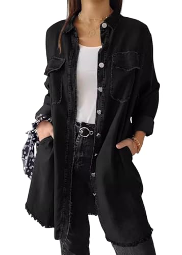 shownicer Damen Jeansjacke Oversize Lang Denim Frezeitjacke Jeans Jacke Umlegekragen Denim Jacken Übergangsjacke Leichte Jacke mit Tasche Herbst Mantel Outwear A Schwarz 3XL von shownicer