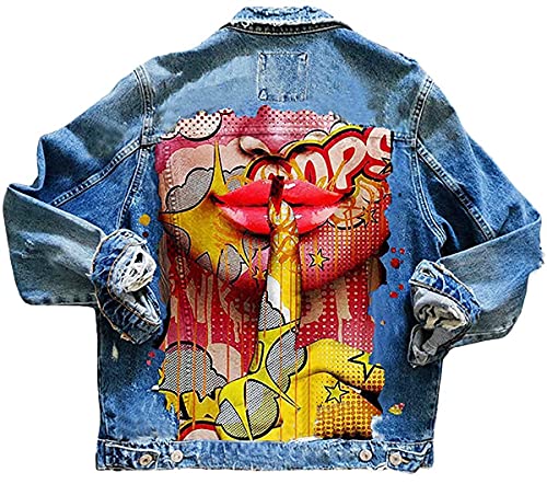 shownicer Damen Jeansjacke Taschen Einreiher Zerrissene Graffiti Langarm Oversize Boyfriend Mode Denim Jacket Mädchen Oberbekleidung A Hellblau XL von shownicer