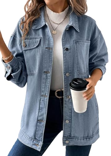 shownicer Damen Jeansjacke Übergangsjacke Leichte Jacke Denim Casual Jeanshemd B Blau 3XL von shownicer