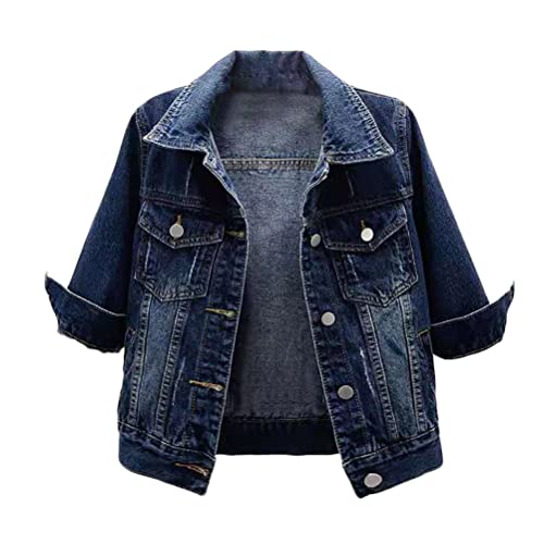 shownicer Damen Jeansjacke Übergangsjacke Leichte Jacke Denim Casual Vintage 3/4 Kurze Ärmel Kurz Schmal Blau Denim Jacke Tops Knopfleiste Crop Freizeitjacke A Blau M von shownicer