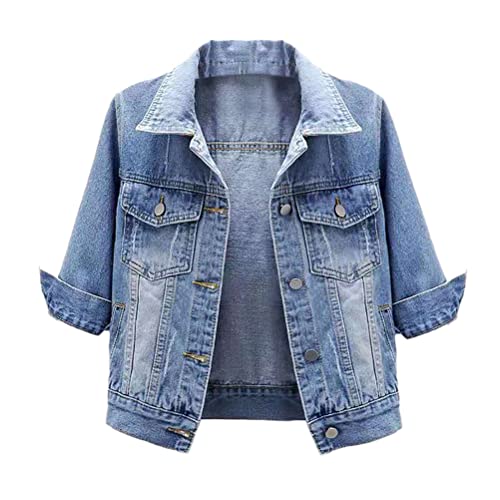 shownicer Damen Jeansjacke Übergangsjacke Leichte Jacke Denim Casual Vintage 3/4 Kurze Ärmel Kurz Schmal Blau Denim Jacke Tops Knopfleiste Crop Freizeitjacke A Hellblau L von shownicer