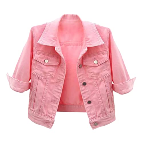 shownicer Damen Jeansjacke Übergangsjacke Leichte Jacke Denim Casual Vintage 3/4 Kurze Ärmel Kurz Schmal Blau Denim Jacke Tops Knopfleiste Crop Freizeitjacke B Rosa L von shownicer