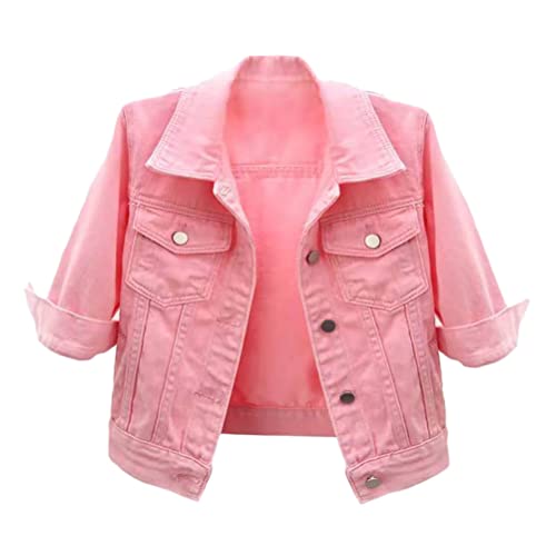 shownicer Damen Jeansjacke Übergangsjacke Leichte Jacke Denim Casual Vintage 3/4 Kurze Ärmel Kurz Schmal Blau Denim Jacke Tops Knopfleiste Crop Freizeitjacke B Rosa M von shownicer