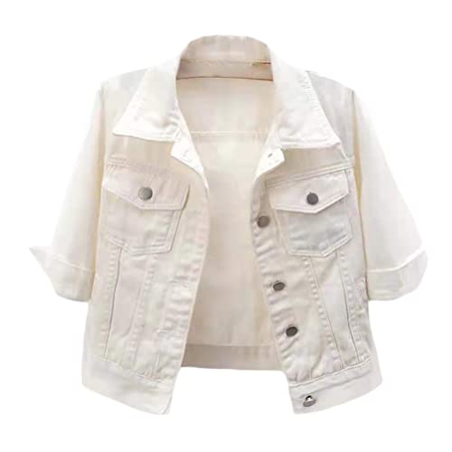 shownicer Damen Jeansjacke Übergangsjacke Leichte Jacke Denim Casual Vintage 3/4 Kurze Ärmel Kurz Schmal Blau Denim Jacke Tops Knopfleiste Crop Freizeitjacke B Weiß 3XL von shownicer