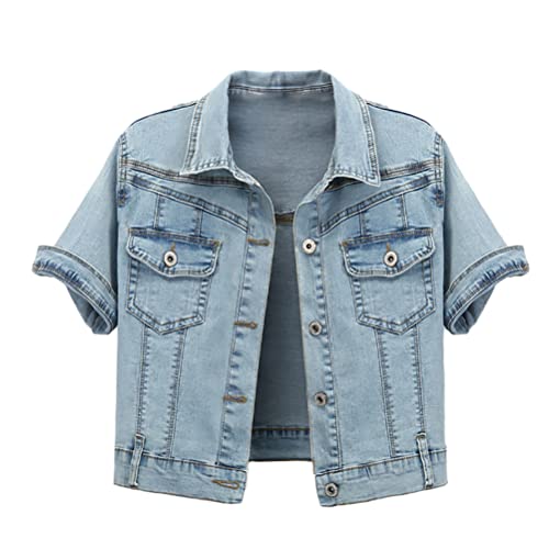 shownicer Damen Jeansjacke Übergangsjacke Leichte Jacke Denim Casual Vintage 3/4 Kurze Ärmel Kurz Schmal Blau Denim Jacke Tops Knopfleiste Crop Freizeitjacke C Hellblau XL von shownicer