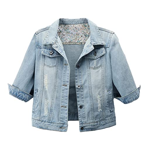 shownicer Damen Jeansjacke Übergangsjacke Leichte Jacke Denim Casual Vintage 3/4 Kurze Ärmel Kurz Schmal Blau Denim Jacke Tops Knopfleiste Crop Freizeitjacke D Hellblau XXL von shownicer