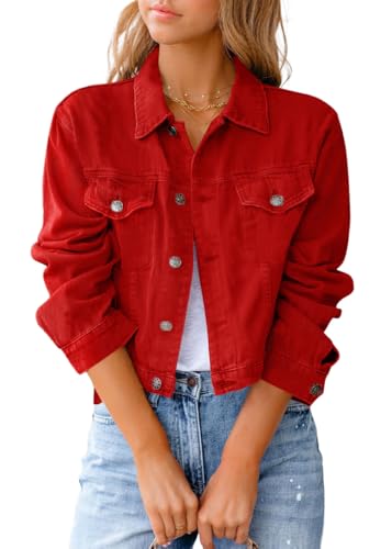 shownicer Damen Jeansjacke Übergangsjacke Vintage Jean Mantel Herbst Winter Denim Jacken A Rot L von shownicer