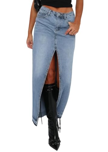 shownicer Damen Jeansrock A-Linie Mit Seitlichem Schlitz Und Hoher Taille Unregelmäßig Geknöpfter Midirock C Hellblau S von shownicer
