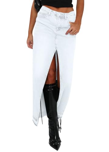 shownicer Damen Jeansrock A-Linie Mit Seitlichem Schlitz Und Hoher Taille Unregelmäßig Geknöpfter Midirock C Weiß M von shownicer