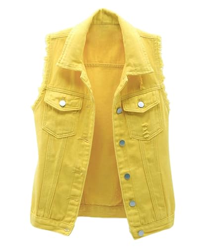 shownicer Damen Jeansweste Oversized Boyfriend Denim Jeans Weste Locker Ärmellos Jeansjacke Vintage mit Taschen Jacke Mantel mit Knopf Outwear A Gelb XL von shownicer