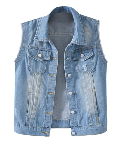 shownicer Damen Jeansweste Oversized Boyfriend Denim Jeans Weste Locker Ärmellos Jeansjacke Vintage mit Taschen Jacke Mantel mit Knopf Outwear A Hellblau XXL von shownicer