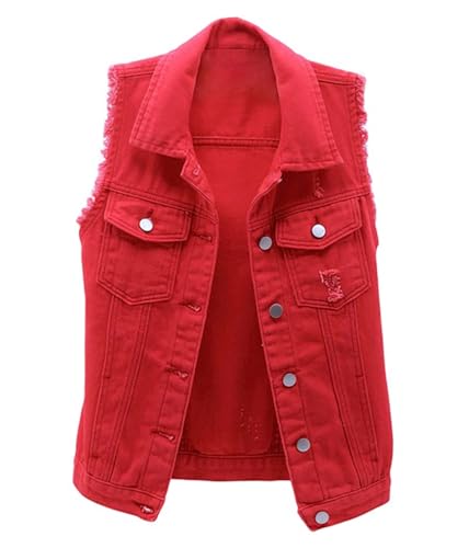 shownicer Damen Jeansweste Oversized Boyfriend Denim Jeans Weste Locker Ärmellos Jeansjacke Vintage mit Taschen Jacke Mantel mit Knopf Outwear A Rot XS von shownicer