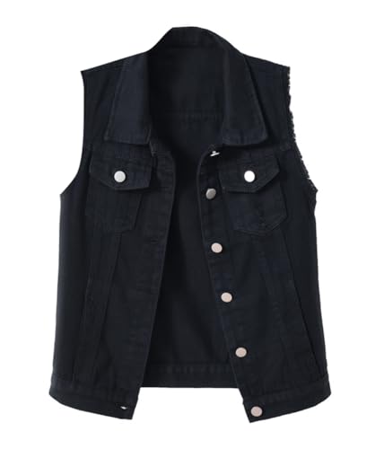 shownicer Damen Jeansweste Oversized Boyfriend Denim Jeans Weste Locker Ärmellos Jeansjacke Vintage mit Taschen Jacke Mantel mit Knopf Outwear A Schwarz S von shownicer