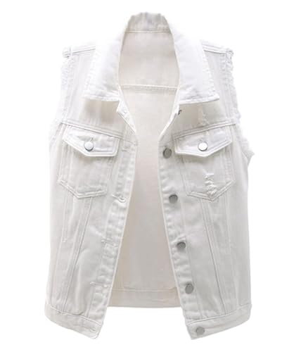 shownicer Damen Jeansweste Oversized Boyfriend Denim Jeans Weste Locker Ärmellos Jeansjacke Vintage mit Taschen Jacke Mantel mit Knopf Outwear A Weiß L von shownicer