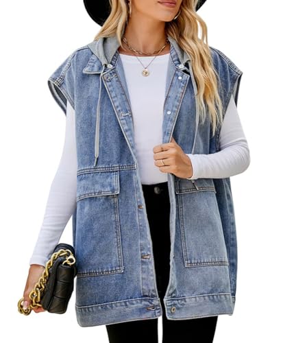 shownicer Damen Jeansweste mit Kapuze Oversized Boyfriend Denim Jeans Weste Ärmellos Jeansjacke Vintage Hoodie Jacke Mantel mit Knopf Outwear B Blau S von shownicer