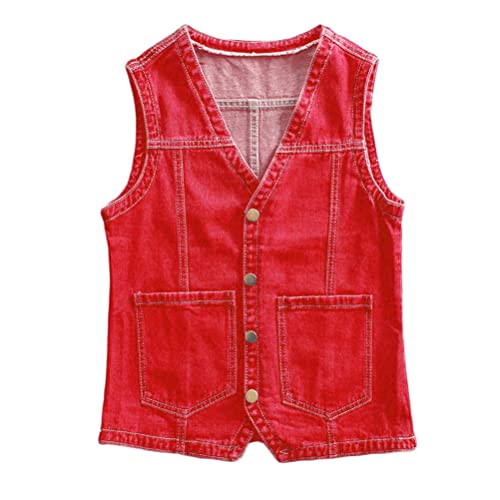 shownicer Damen Jeansweste übergröße Denim Jacke Ärmellos Beiläufige Jeansweste Denim Weste Vest Frühling Cardigan Top Outwear mit Loch Design C Rot L von shownicer