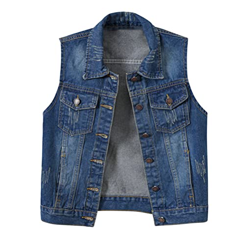 shownicer Damen Jeansweste übergröße Denim Jacke Ärmellos Beiläufige Jeansweste Denim Weste Vest Frühling Cardigan Top Outwear mit Loch Design F Blau XXL von shownicer
