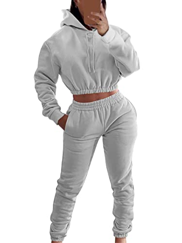 shownicer Damen Jogginganzug Trainingsanzug 2 Teilig Hausanzug mit Kapuze Herbst Winter Sportanzug Freizeitanzug Frau Lose Sport Freizeit Crop Hoodie und Jogginghose B Grau M von shownicer