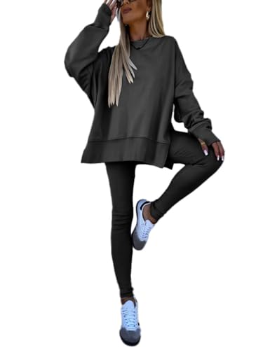shownicer Damen Jogginganzug Zweiteiler Langarm Sweatshirt + Jogginghose Sportswear 2-Teiliges Tracksuit Einfarbig Outfit Hausanzug Set Freizeitanzug B Schwarz XL von shownicer